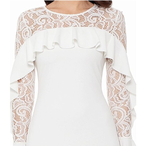 Betsy & Adam White Lace Ruffle Sheath Dress 2 Bridal Cocktail Wedding Guest - Picture 4 of 9